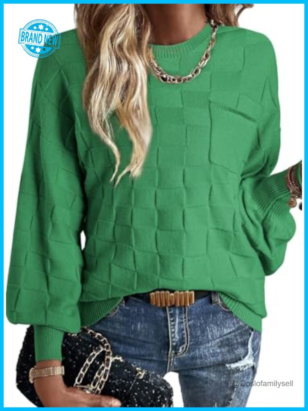 Batwing Sleeve Crewneck Pullover Sweater Checkerboard Patch Pockets